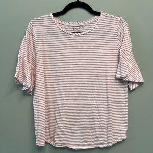 LOFT White and Red Striped 3/4 Ruffle Sleeve Top - Size Medium
